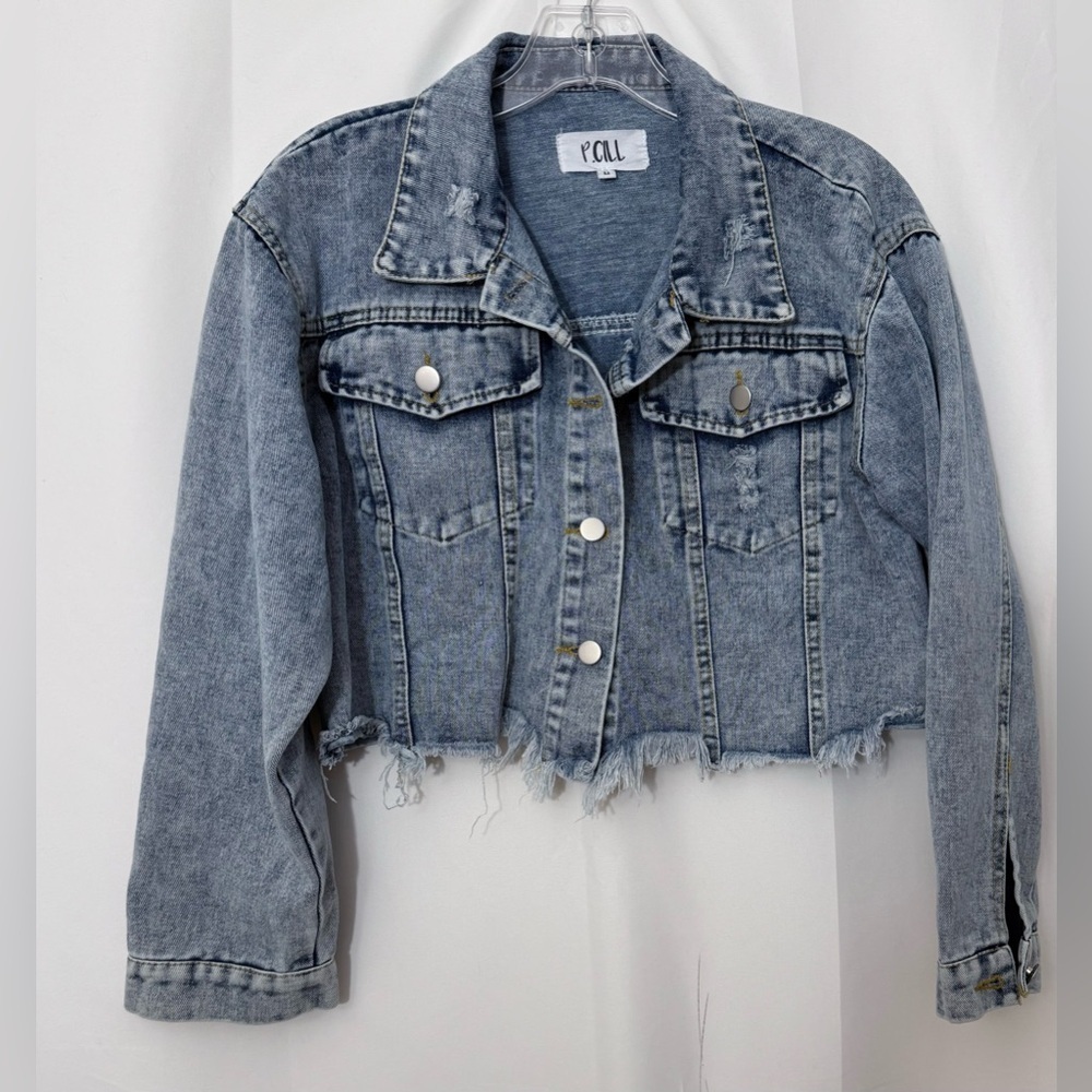 P.Cill Cropped Button Down Long Sleeve Denim Jacket Size Medium - Picture 2 of 12